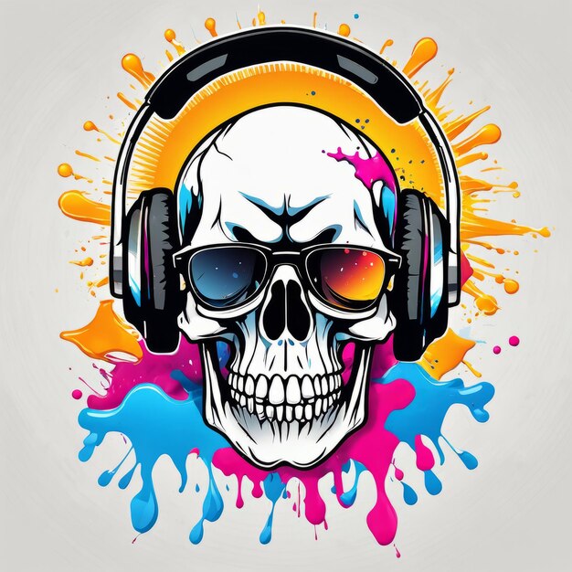 Skull with headphones with splash tshirts design created with generative ai software