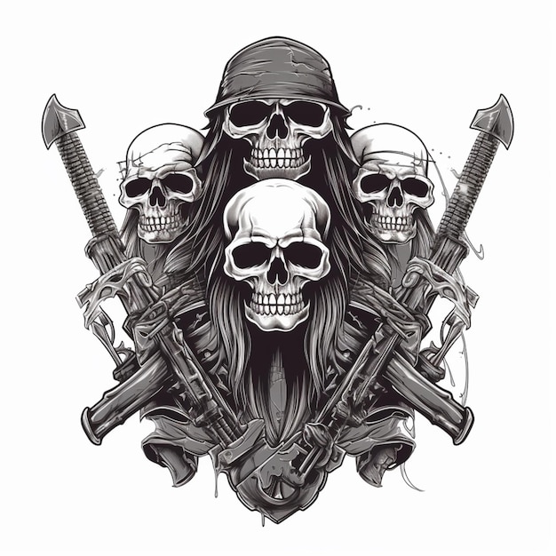 A skull with a helmet and guns on it