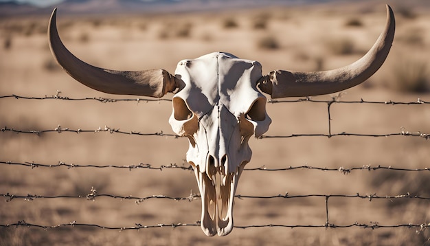 a skull with horns and horns on a fence with a cow behind it