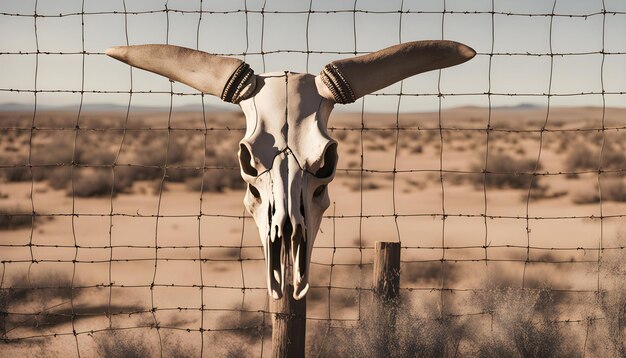 a skull with horns and horns on a fence