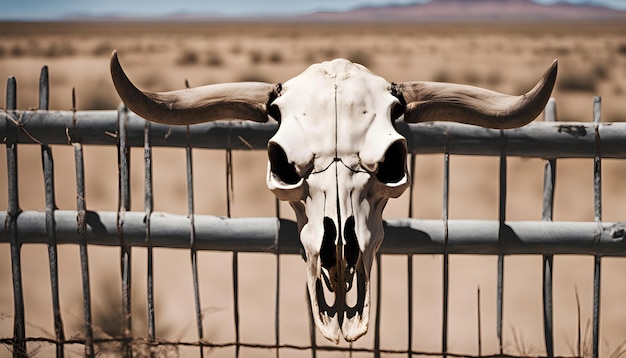 a skull with horns and horns on a fence