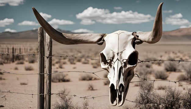 Photo a skull with horns and horns is in front of a fence with barbed wire