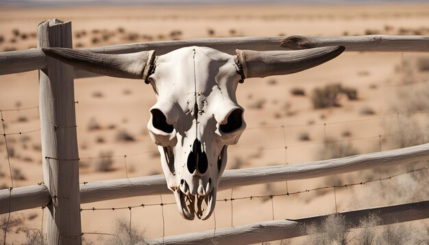 Photo a skull with horns and horns stands in front of a barbed wire fence