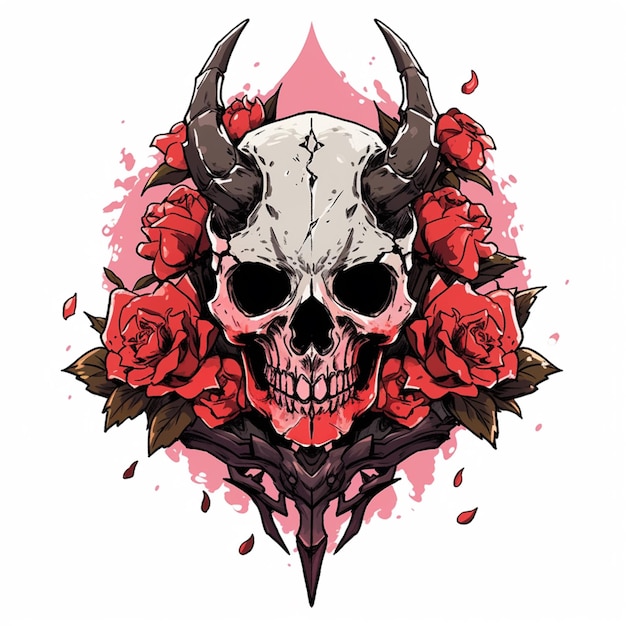 skull with horns and roses tattoo design generative ai