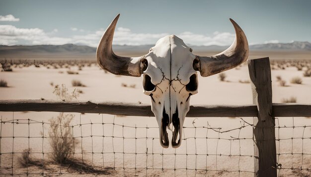 Photo a skull with horns and a skull with a fence in the background