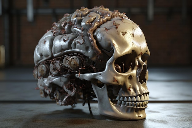 A skull with a human brain on it