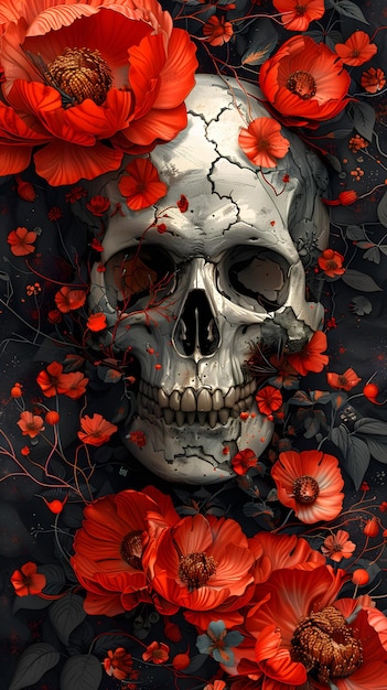 Photo skull with jawbone framed by red flower petals in painting