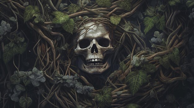 A skull with leaves and roots is laying on a table.