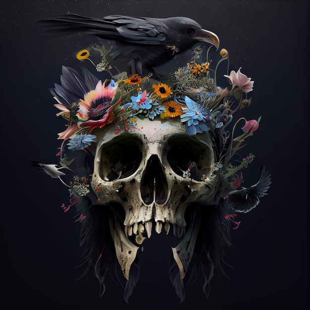 A skull with long black hair underwater flowers and birds Dark