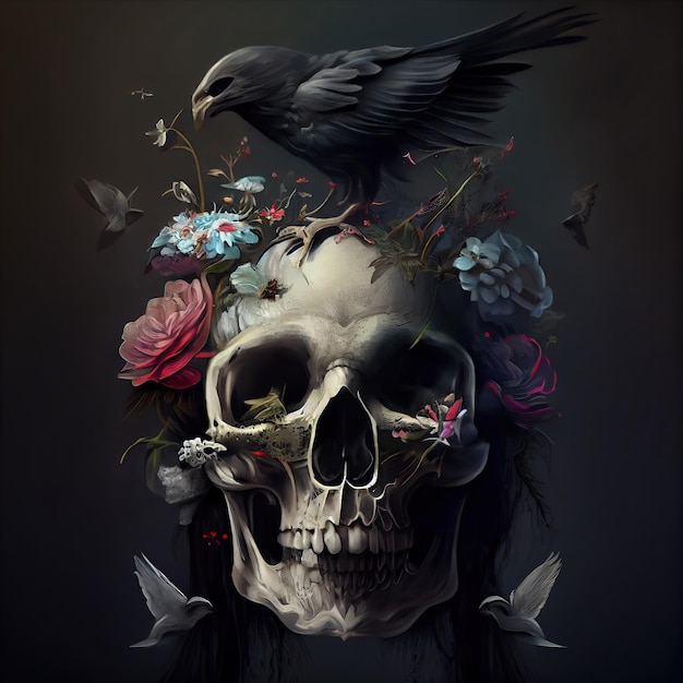 A skull with long black hair underwater flowers and birds Dark