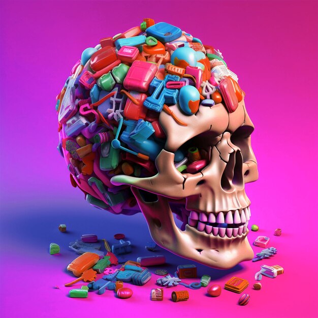 A skull with a lot of junk on it