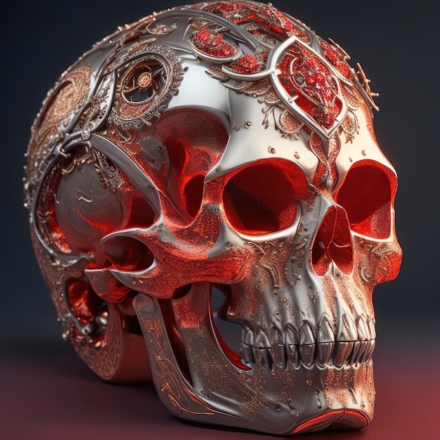 금속 디테일과 빨간 불빛이 있는 두개골