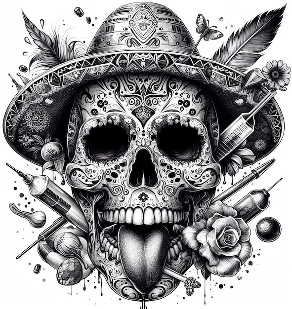 Photo skull with mexican hat feathers and skull tattoo art design on white background