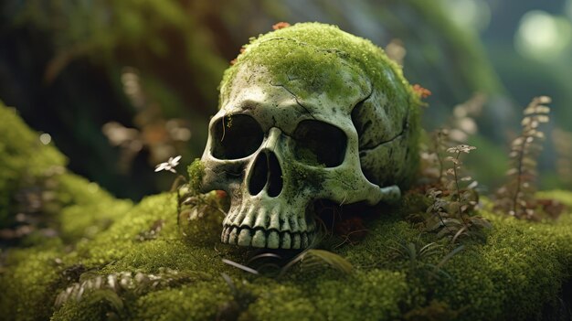 Photo a skull with moss on it and a bug on it