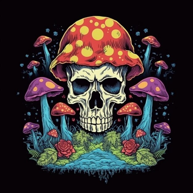 Photo a skull with a mushroom hat on its head and a stream of water generative ai