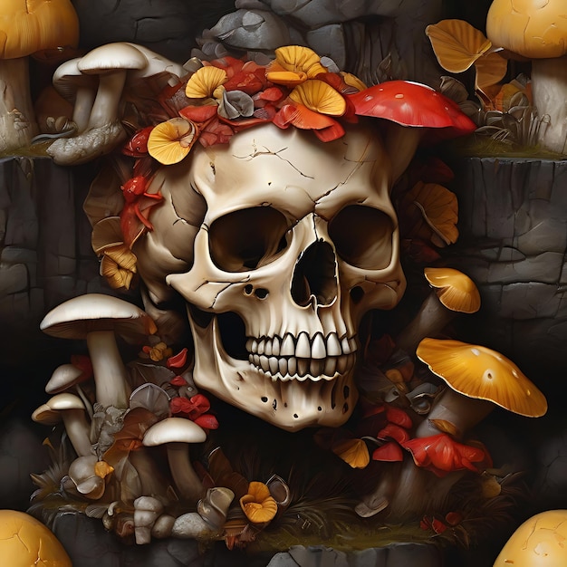 Skull with mushrooms AI