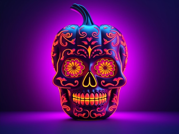 Skull with neon floral pattern Halloween background