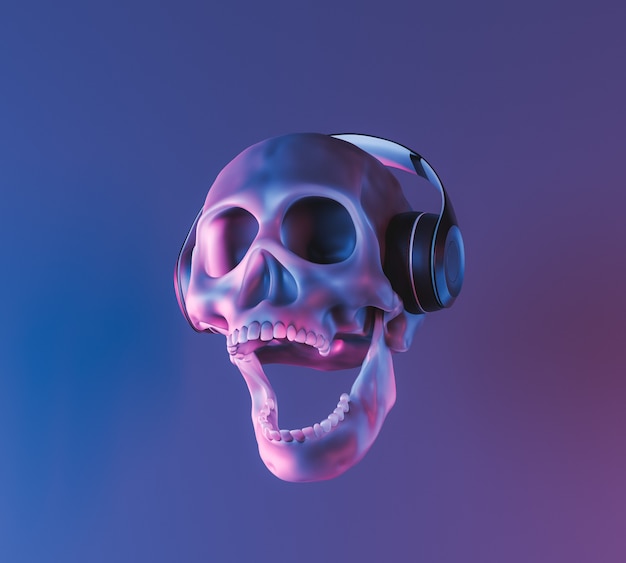 Skull with neon lighting and headphones