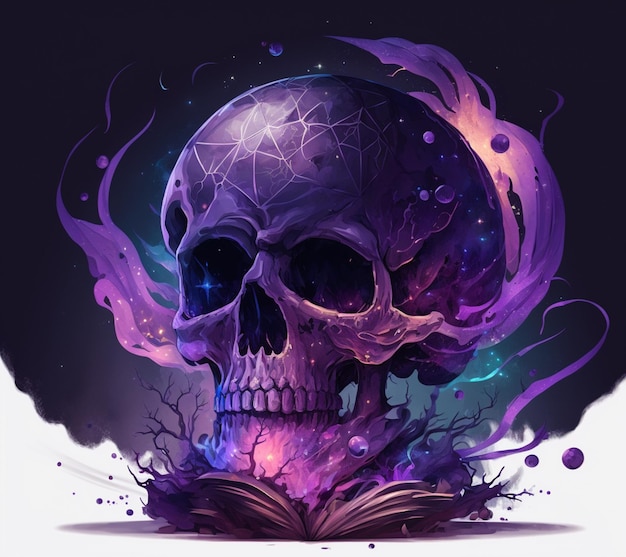 Skull with open book and purple smoke coming out of it generative ai