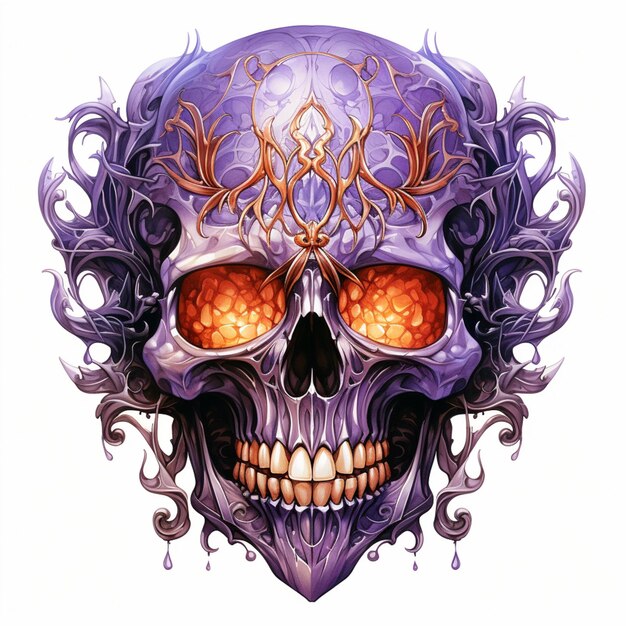 skull with orange eyes and ornate design on white background generative ai