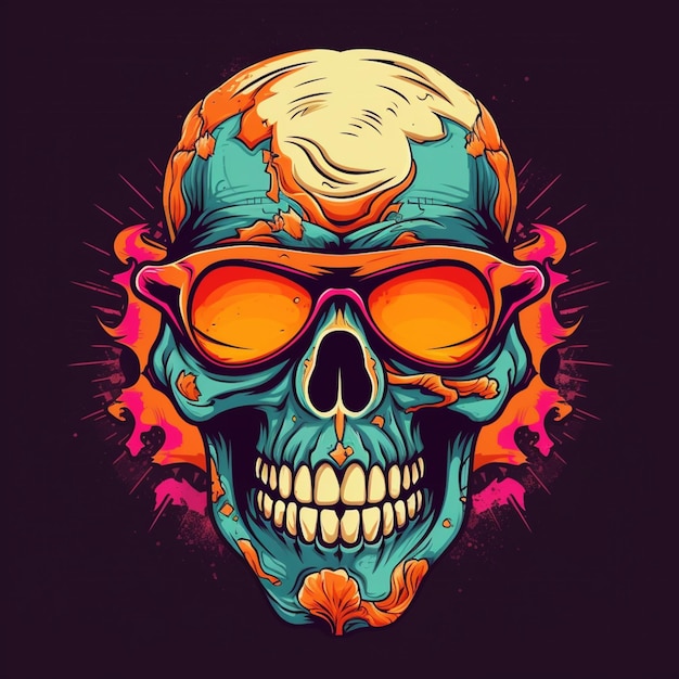 A skull with orange glasses and orange glasses that says " skull ".