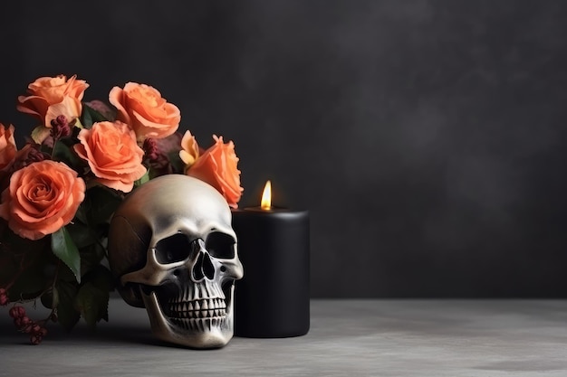 Foto teschio con rose arancioni e candela accesa su sfondo nero concetto di halloween