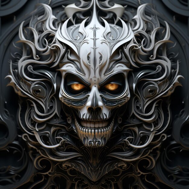 a skull with an ornate design on a black background