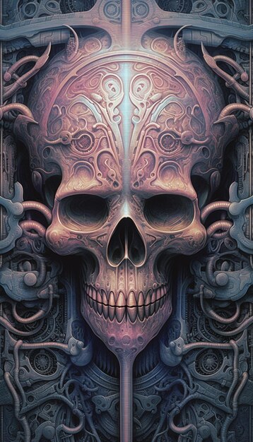 Skull with ornate design on it and a sword in the middle generative ai