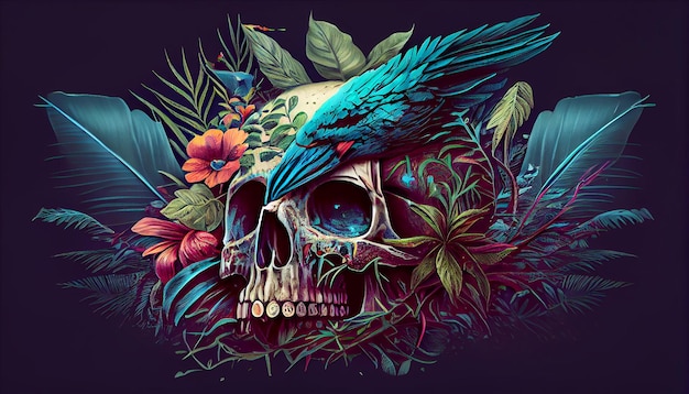 A skull with a parrot on it and flowers on the top.