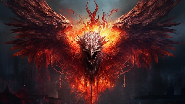 A skull with a phoenix rising from the ashes behind