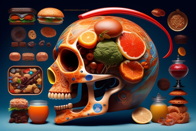 A skull with a picture of food on it