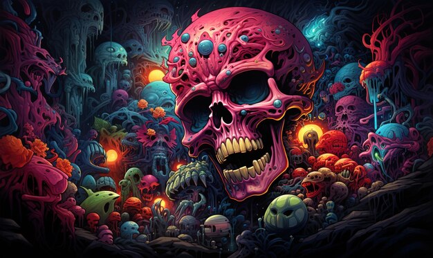 Photo a skull with a pink face and many other objects in the background
