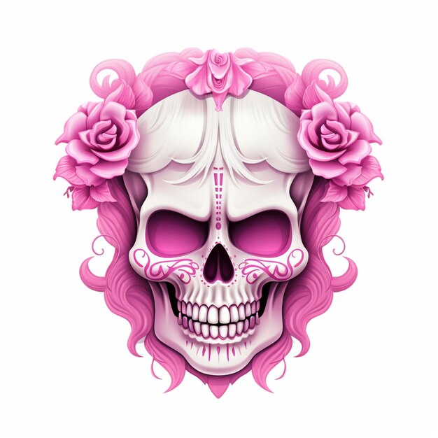 Photo skull with pink roses and a cross on it generative ai