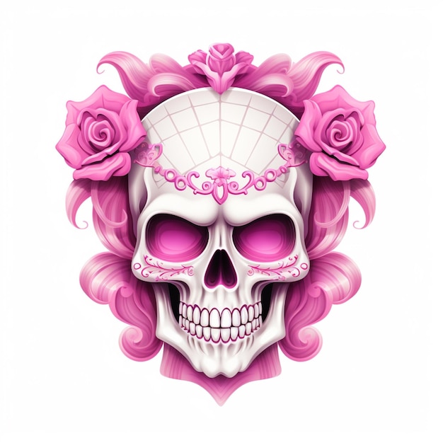 Foto cranio con rose rosa e una corona di capelli generativo ai