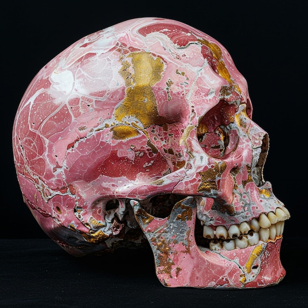 Foto un cranio con una faccia macchiata rosa e bianca si siede su una superficie nera