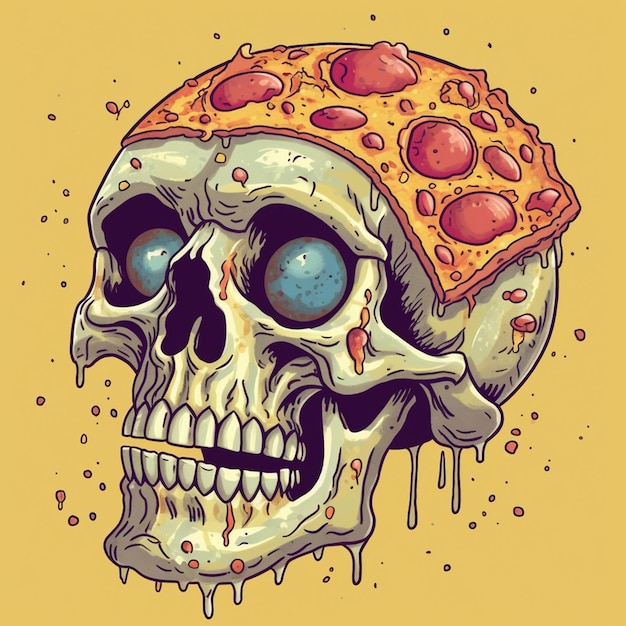 A skull with a pizza on it's head