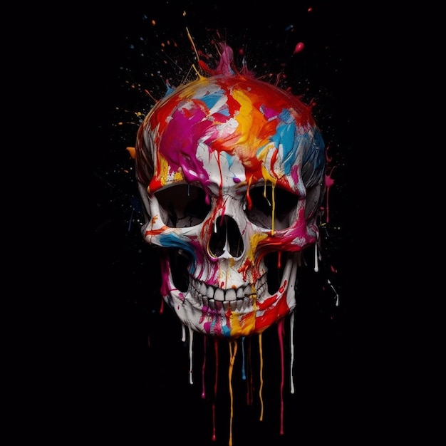 a skull with a purple and blue paint is shown with a purple and orange paint.