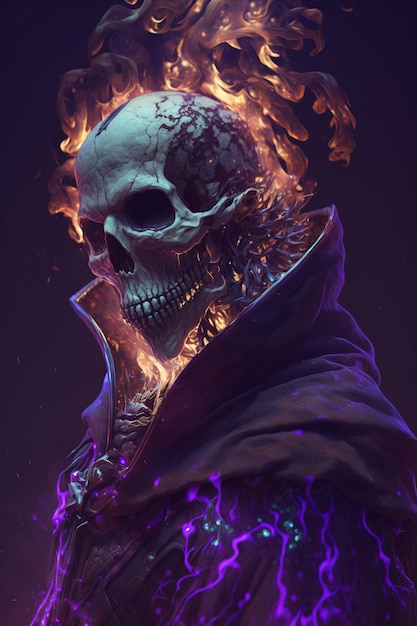 A skull with a purple flame on his head