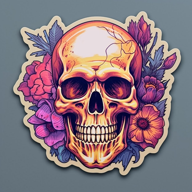 A skull with a purple flower on it