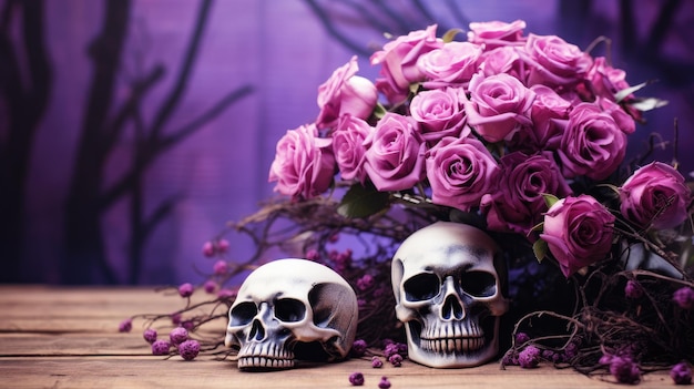 Skull with purple flowers for day of the dead and Halloweens Day