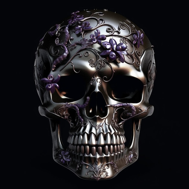 Показан череп с фиолетовыми цветами на нем.