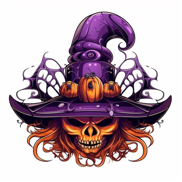 A skull with a purple hat and a purple hat with a purple crown on it.