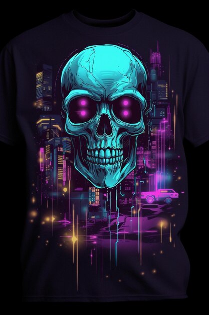 A skull with purple lights is on a black shirt.
