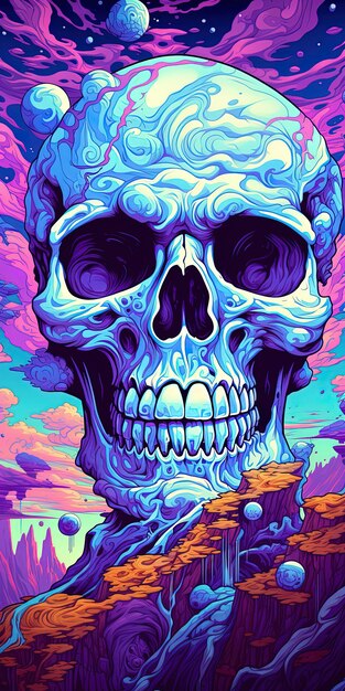 Photo a skull with a purple top sits in a colorful art style