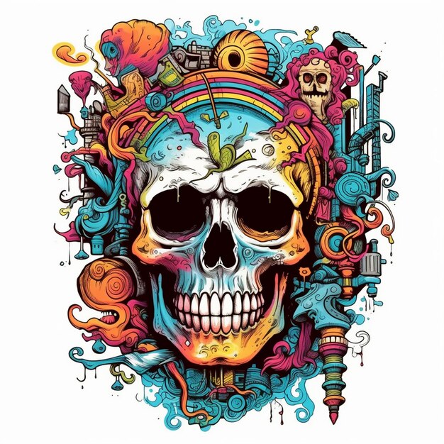 a skull with a rainbow on it and a skull with a colorful background.