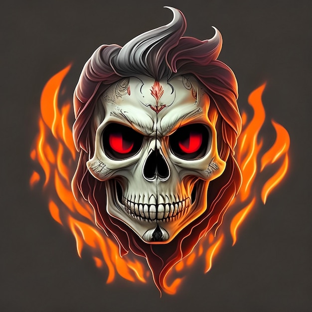 A skull with red eyes and a flame on it