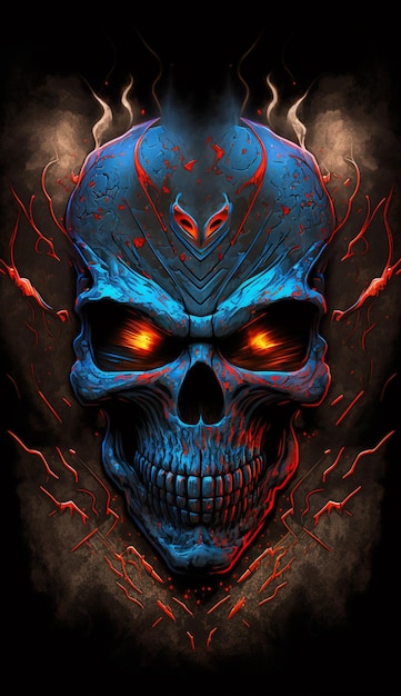 A skull with red eyes and flames on it