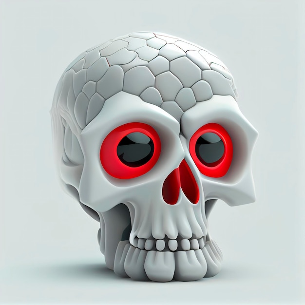 Skull with red eyes isolated object in 3D cartoon illustration, white background