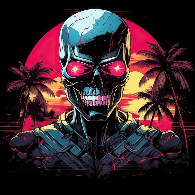 A skull with red eyes and a pink sun behind it