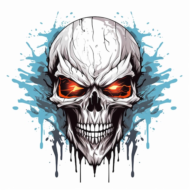 Skull with red eyes and splats on white background generative ai